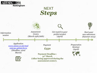 NEXT
Steps
Information
session
Get match to your
perfect project
(April)
Start your
new adventure
(Summer 2015)
Application
www.aiesec.co.uk/stud
ents/go-global-form
(Deadline: 22nd
March)
Preparation
Seminar
(April)
Assessment
Centre
(March 25th/26th)
Payment
£350
Payment Deadline :
31st March
(After being approved during the
assessment center).
Nottingham
 