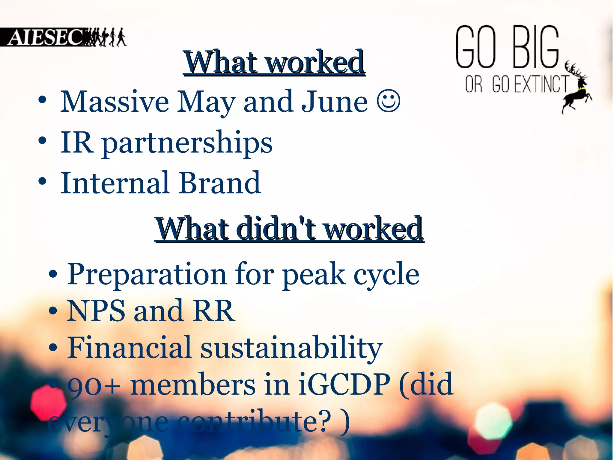 WWhhaatt wwoorrkkeedd 
• Massive May and June  
• IR partnerships 
• Internal Brand 
WWhhaatt ddiiddnn''tt wwoorrkkeedd 
• Preparation for peak cycle 
• NPS and RR 
• Financial sustainability 
• 90+ members in iGCDP (did 
everyone contribute? ) 
 