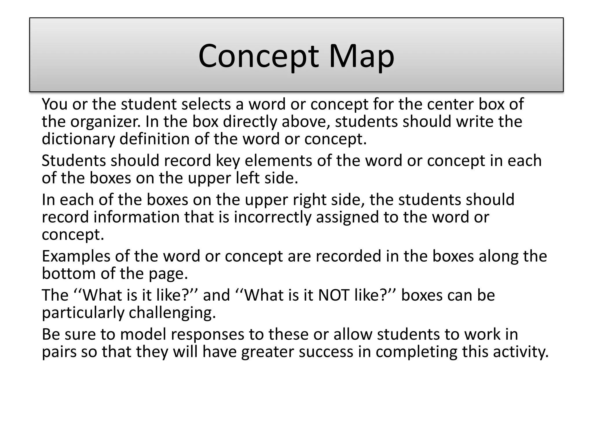 Concept MapYou or the student selects a word or concept for the center box of the organizer. In the box directly above, students should write the dictionary definition of the word or concept. Studentsshould record key elements of the word or concept in each of the boxes on the upper left side. In each of the boxes on the upper right side, the students should record information that is incorrectly assigned to the word or concept.Examples of the word or concept are recorded in the boxes along the bottom of the page.The ‘‘What is it like?’’ and ‘‘What is it NOT like?’’ boxes can be particularly challenging.Be sure to model responses to these or allow students to work in pairs so that they will have greater success in completing this activity.