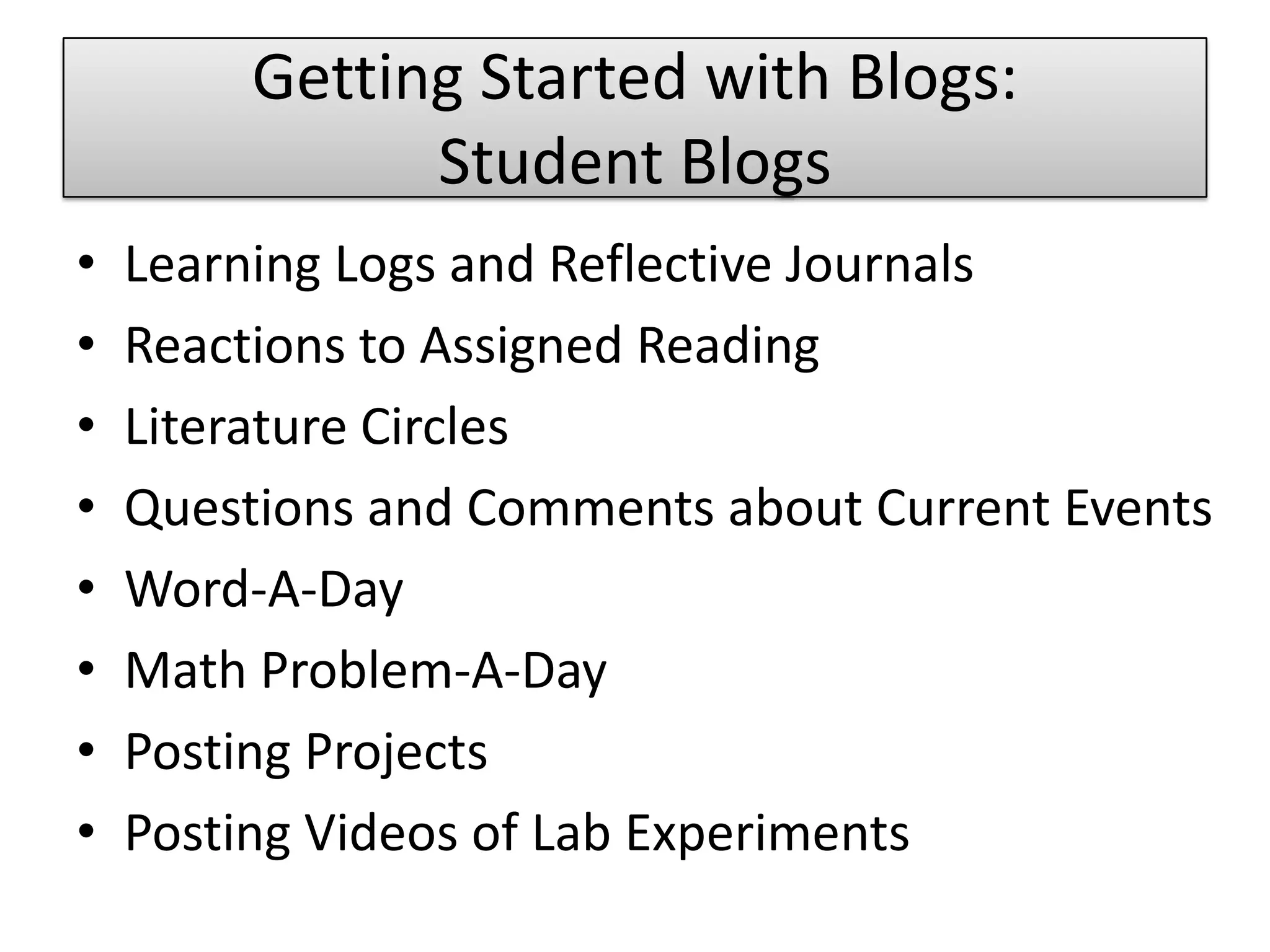 Getting Started with Blogs: Student Blogs Learning Logs and Reflective JournalsReactions to Assigned ReadingLiterature CirclesQuestions and Comments about Current EventsWord-A-DayMath Problem-A-DayPosting ProjectsPosting Videos of Lab Experiments