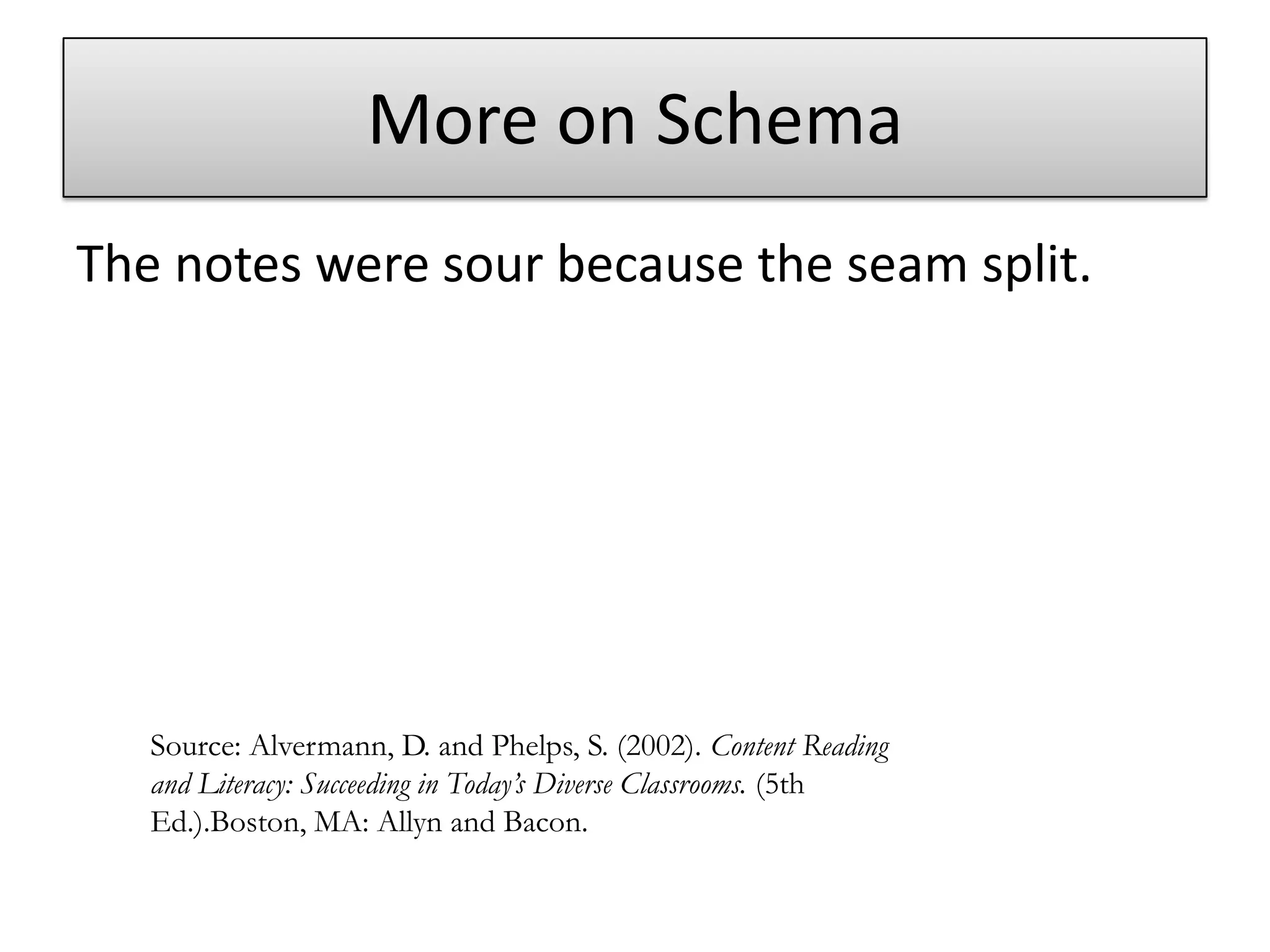 More on SchemaThe notes were sour because the seam split.Source: Alvermann, D. and Phelps, S. (2002). Content Reading and Literacy: Succeeding in Today’s Diverse Classrooms. (5th Ed.).Boston, MA: Allyn and Bacon.