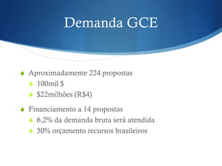 Demanda GCE
! Aproximadamente 224 propostas
! 100mil $
! $22milhões (R$4)
! Financiamento a 14 propostas
! 6,2% da demanda bruta será atendida
! 50% orçamento recursos brasileiros
 