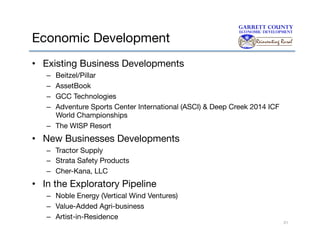 Economic Development
•  Existing Business Developments
Beitzel/Pillar
AssetBook
GCC Technologies
Adventure Sports Center International (ASCI) & Deep Creek 2014 ICF
World Championships
–  The WISP Resort
– 
– 
– 
– 

•  New Businesses Developments
–  Tractor Supply
–  Strata Safety Products
–  Cher-Kana, LLC

•  In the Exploratory Pipeline
–  Noble Energy (Vertical Wind Ventures)
–  Value-Added Agri-business
–  Artist-in-Residence

21

 