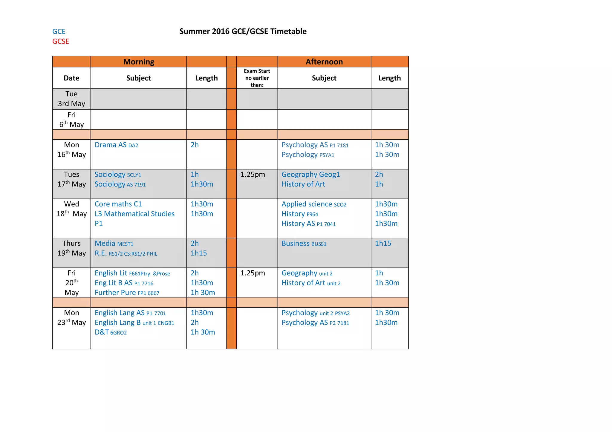 GCE Summer exam timetable PPT