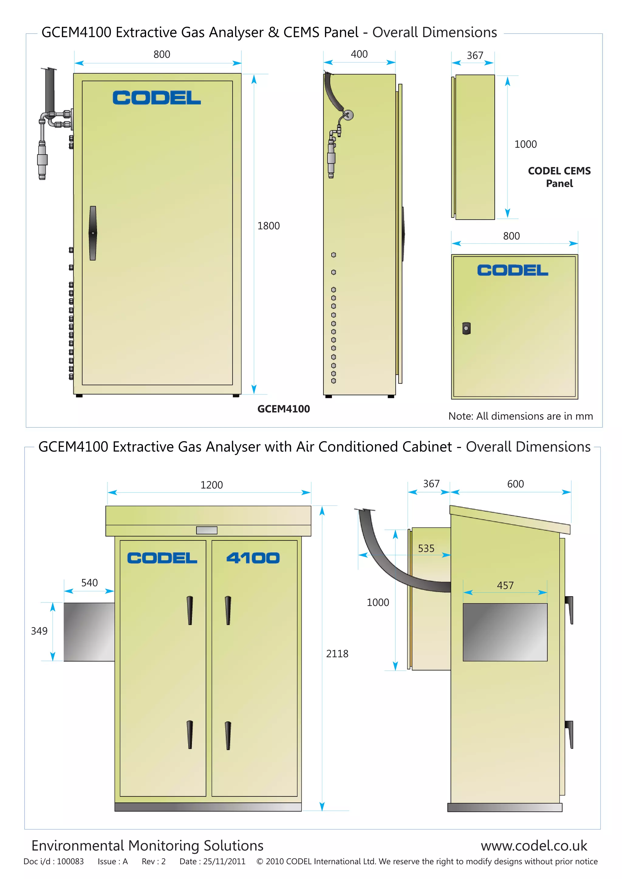 Environmental Monitoring Solutions www.codel.co.uk
GCEM4100 Extractive Gas Analyser with Air Conditioned Cabinet - Overall Dimensions
Doc i/d : 100083 Issue : A Rev : 2 Date : 25/11/2011 © 2010 CODEL International Ltd. We reserve the right to modify designs without prior notice
GCEM4100 Extractive Gas Analyser & CEMS Panel - Overall Dimensions
800 400
1800
Note: All dimensions are in mm
1200 367 600
1000
535
457
349
2118
540
367
1000
800
GCEM4100
CODEL CEMS
Panel
 