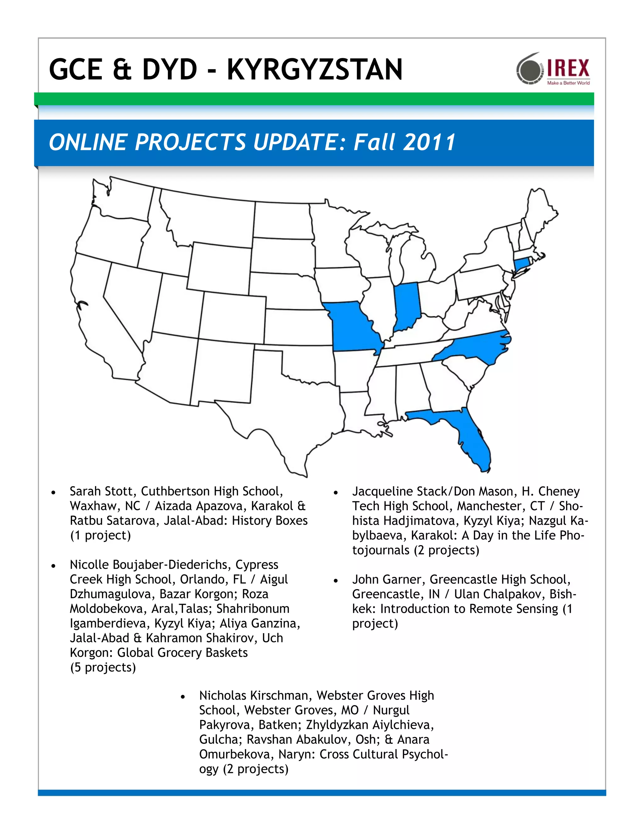 GCE & DYD - KYRGYZSTAN

ONLINE PROJECTS UPDATE: Fall 2011




   Sarah Stott, Cuthbertson High School,           Jacqueline Stack/Don Mason, H. Cheney
    Waxhaw, NC / Aizada Apazova, Karakol &           Tech High School, Manchester, CT / Sho-
    Ratbu Satarova, Jalal-Abad: History Boxes        hista Hadjimatova, Kyzyl Kiya; Nazgul Ka-
    (1 project)                                      bylbaeva, Karakol: A Day in the Life Pho-
                                                     tojournals (2 projects)
   Nicolle Boujaber-Diederichs, Cypress
    Creek High School, Orlando, FL / Aigul          John Garner, Greencastle High School,
    Dzhumagulova, Bazar Korgon; Roza                 Greencastle, IN / Ulan Chalpakov, Bish-
    Moldobekova, Aral,Talas; Shahribonum             kek: Introduction to Remote Sensing (1
    Igamberdieva, Kyzyl Kiya; Aliya Ganzina,         project)
    Jalal-Abad & Kahramon Shakirov, Uch
    Korgon: Global Grocery Baskets
    (5 projects)

                          Nicholas Kirschman, Webster Groves High
                           School, Webster Groves, MO / Nurgul
                           Pakyrova, Batken; Zhyldyzkan Aiylchieva,
                           Gulcha; Ravshan Abakulov, Osh; & Anara
                           Omurbekova, Naryn: Cross Cultural Psychol-
                           ogy (2 projects)
 