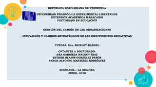1
REPÚBLICA BOLIVARIANA DE VENEZUELA
UNIVERSIDAD PEDAGÓGICA EXPERIMENTAL LIBERTADOR
EXTENSIÓN ACADÉMICA MARACAIBO
DOCTORADO EN EDUCACIÓN
GESTIÓN DEL CAMBIO EN LAS ORGANIZACIONES
INNOVACIÓN Y CAMBIOS ESTRATÉGICOS EN LAS INSTITUCIONES EDUCATIVAS
TUTORA: Dra. SHIRLEY RANGEL
OPTANTES A DOCTORADO:
ANA GABRIELA MALOOF DIAZ
ESTHER OLADIS GONZÁLEZ PABÓN
FANOR ALFONSO MARTÍNEZ RODRÍGUEZ
RIOHACHA – LA GUAJIRA
JUNIO– 2018
 