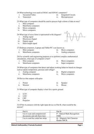 Mahesh Kodituwakku| Pramuka Kusalasiri Page 6
24-What technology was used in ENIAC and EDVAC computers?
i. Vacuumed Tubes
ii. Transistors
iii. Integrated Circuits
iv. Microprocessor
25-What type of computers should be used to process high volume of data at once?
i. Mini computer
ii. Mainframe computers
iii. Micro computers
iv. Micro computers
26-What type of wave form is represented in the diagram?
i. Analog signal
ii. Microwave Signal
iii. Digital signal
iv. Short length signal
27-Desktop computers, Laptops and Tablet PC‘s are known as.
i. Mini computer
ii. Mainframe computers
iii. Micro computers
iv. Analog computers
28-For scientific and engineering purposes or to perform complex mathematical
calculations, what type of computer is best?
i. Mini computer
ii. Mainframe computers
iii. Micro computers
iv. Super computers
29-What type of computers that detect and adjust working behavior based on changes
such as speed, temperature, pressure and voltage?
i. Analog computer
ii. Mainframe computers
iii. Digital computers
iv. Micro computers
30-Device that outputs softcopies
i. Printer
ii. Monitor
iii. Speaker
iv. Mouse
31-What type of computer display is best for a sports ground.
i. LCD
ii. LED
iii. CRT
iv. Projector
32-If Part A connects with the right input device on Part B, what would be the
answer?
Part A Part B
Use to scan and computerized
documents and edit them later.
P – Optical Mark Recognition
OMR.
Use to read the coded bar strips. Q – Magnetic Ink Character
Reader MICR.
 