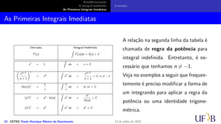 Antidiferenciação
A Integral Indefinida
As Primeiras Integrais Imediatas
Exemplos
As Primeiras Integrais Imediatas
Derivada Integral Indefinida
f′
(x)
∫
f
′
(x)dx = f(x) + C
x′
= 1
∫
dx = x + C
(
xn+1
n + 1
)′
= xn
∫
x
n
dx =
xn+1
n + 1
+ C, n ̸= −1
(ln(x))′
=
1
x
∫
1
x
dx = ln |x| + C
(ax
)′
= ax
· ln(a)
∫
a
x
dx =
ax
ln(a)
+ C
(ex
)′
= ex
∫
e
x
dx = ex
+ C
A relação na segunda linha da tabela é
chamada de regra da potência para
integral indefinida. Entretanto, é ne-
cessário que tenhamos n ̸= −1.
Veja no exemplos a seguir que frequen-
temente é preciso modificar a forma de
um integrando para aplicar a regra da
potência ou uma identidade trigono-
métrica.
10 CETEC Paulo Henrique Ribeiro do Nascimento 12 de julho de 2022
 
