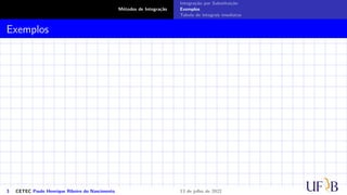 Métodos de Integração
Integração por Substituição
Exemplos
Tabela de integrais imediatas
Exemplos
3 CETEC Paulo Henrique Ribeiro do Nascimento 13 de julho de 2022
 