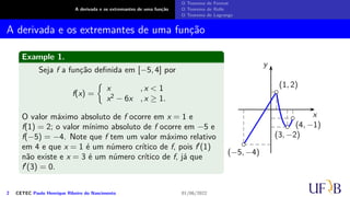 A derivada e os extremantes de uma função
O Teorema de Fermat
O Teorema de Rolle
O Teorema de Lagrange
A derivada e os extremantes de uma função
Example 1.
Seja f a função definida em [−5, 4] por
f(x) =
{
x , x < 1
x2 − 6x , x ≥ 1.
O valor máximo absoluto de f ocorre em x = 1 e
f(1) = 2; o valor mínimo absoluto de f ocorre em −5 e
f(−5) = −4. Note que f tem um valor máximo relativo
em 4 e que x = 1 é um número crítico de f, pois f′(1)
não existe e x = 3 é um número crítico de f, já que
f′(3) = 0.
x
y
(−5, −4)
(1, 2)
(3, −2)
(4, −1)
2 CETEC Paulo Henrique Ribeiro do Nascimento 01/06/2022
 