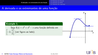 A derivada e os extremantes de uma função
O Teorema de Fermat
O Teorema de Rolle
O Teorema de Lagrange
A derivada e os extremantes de uma função
Example 1.
Seja f(x) = x3 + x2 − x uma função definida em
[
−2,
1
2
]
(ver figura ao lado). x
y
2 CETEC Paulo Henrique Ribeiro do Nascimento 01/06/2022
 