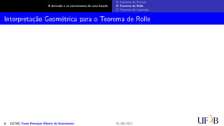 A derivada e os extremantes de uma função
O Teorema de Fermat
O Teorema de Rolle
O Teorema de Lagrange
Interpretação Geométrica para o Teorema de Rolle
6 CETEC Paulo Henrique Ribeiro do Nascimento 01/06/2022
 