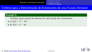 A derivada e os extremantes de uma função
O Teorema de Fermat
O Teorema de Rolle
O Teorema de Lagrange
Critérios para a Determinação de Extremantes de uma Função Derivável
Example 6.
Verifique quais pontos do domínio de cada função são extremantes.
a) f(x) = x4 − 4x3;
b) f(x) = x3 − 6x.
14 CETEC Paulo Henrique Ribeiro do Nascimento 01/06/2022
 