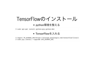 TensorFlowのインストール
python環境を整える
$ sudo apt-get install python-pip python-dev
TensorFlowを⼊れる
$ export TF_BINARY_URL=https://storage.googleapis.com/tensorflow/linux/cpu/tensorflow-0.9
$ sudo pip install --upgrade $TF_BINARY_URL
 
