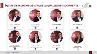 ÉQUIPE D’EXÉCUTION ASSURANT LA QUALITÉ DES DOCUMENTS
15
P R I V É & C O N F I D E N T I E L
Fabrice LOMBARDO
Fondateur & CEO
Icône
LinkedIn
Antoine ALEMANY
Partner, Lisbon
Icône
LinkedIn
Icône
LinkedIn
Laurent GOBINET
Partner, Nantes
Clarisse SUN
Vice Présidente M&A, Paris
Hugo NAOUR
Associate M&A, Paris
Diane PIOUX
Analyste M&A, Paris
Patrice DUSSOL
Head of Investor Relations,
Geneva
Jean-Yves BILLON
Partner, Lyon
 