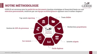 18
P R I V É & C O N F I D E N T I E L
NOTRE MÉTHODOLOGIE
GEREJE est reconnue pour la qualité de ses documents (analyse stratégique et financière) basés sur une
exécution personnalisée, renforcés par une équipe multidisciplinaire agissant sous le même chapeau !
Excellence
d’Exécution
Team dédiée
Recherches propriétaires
Intérêts alignés
Sur-mesure
Gestion de 100% du processus
Top-notch reporting
Outils digitaux
 