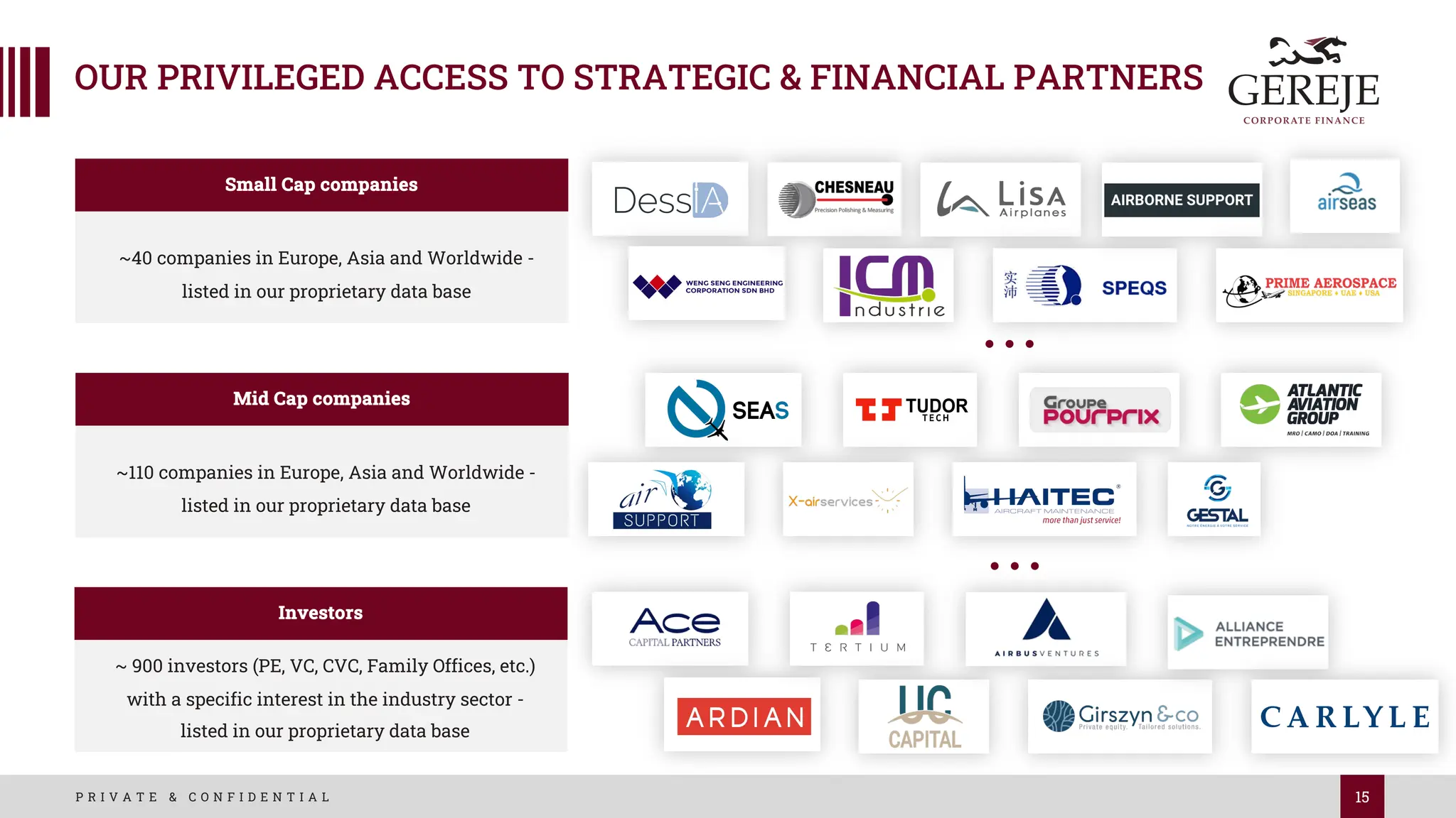 15
P R I V A T E & C O N F I D E N T I A L
OUR PRIVILEGED ACCESS TO STRATEGIC & FINANCIAL PARTNERS
Small Cap companies
~40 companies in Europe, Asia and Worldwide -
listed in our proprietary data base
Mid Cap companies
~110 companies in Europe, Asia and Worldwide -
listed in our proprietary data base
Investors
~ 900 investors (PE, VC, CVC, Family Offices, etc.)
with a specific interest in the industry sector -
listed in our proprietary data base
● ● ●
● ● ●
 