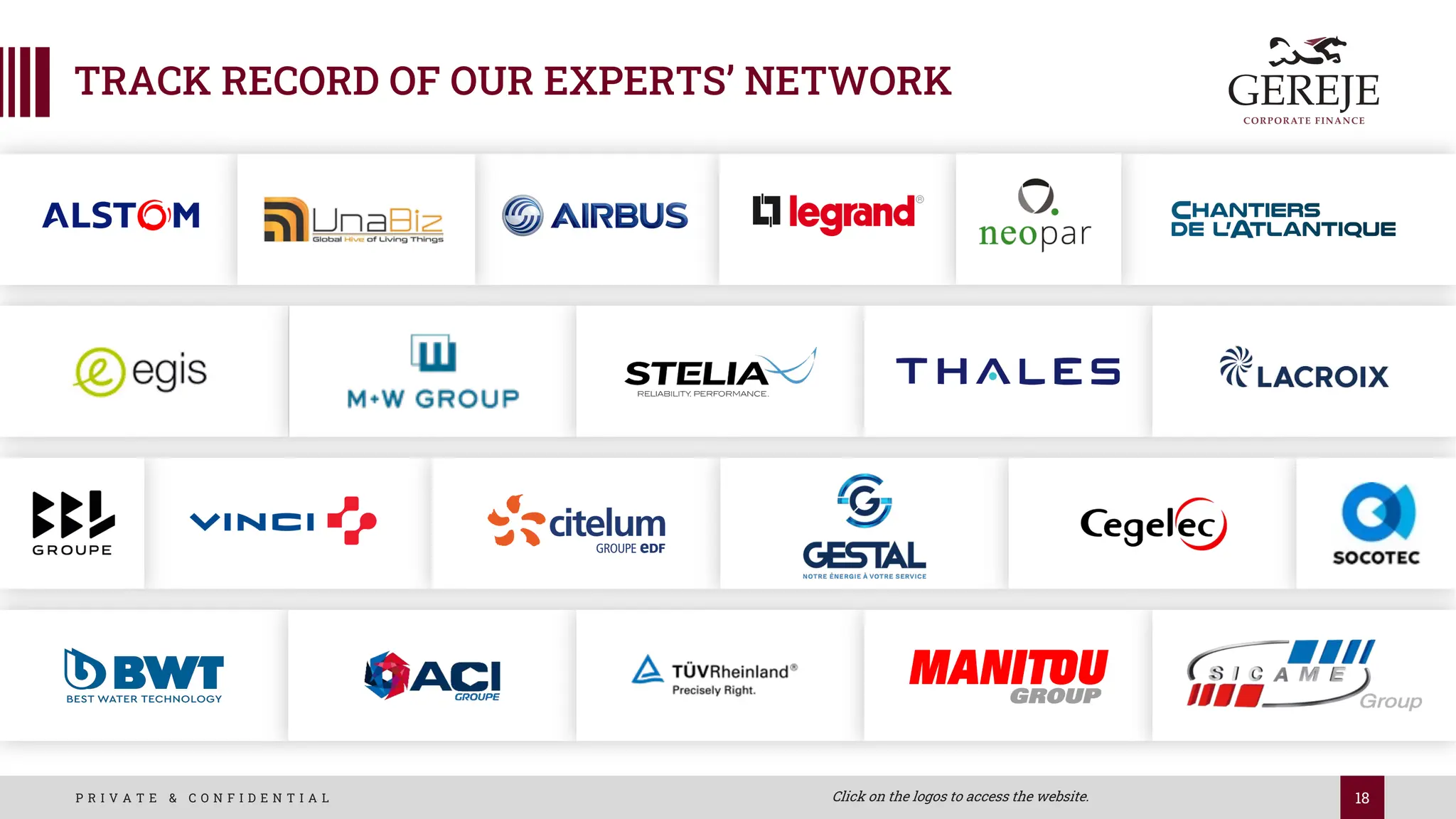 18
P R I V A T E & C O N F I D E N T I A L
TRACK RECORD OF OUR EXPERTS’ NETWORK
Click on the logos to access the website.
 