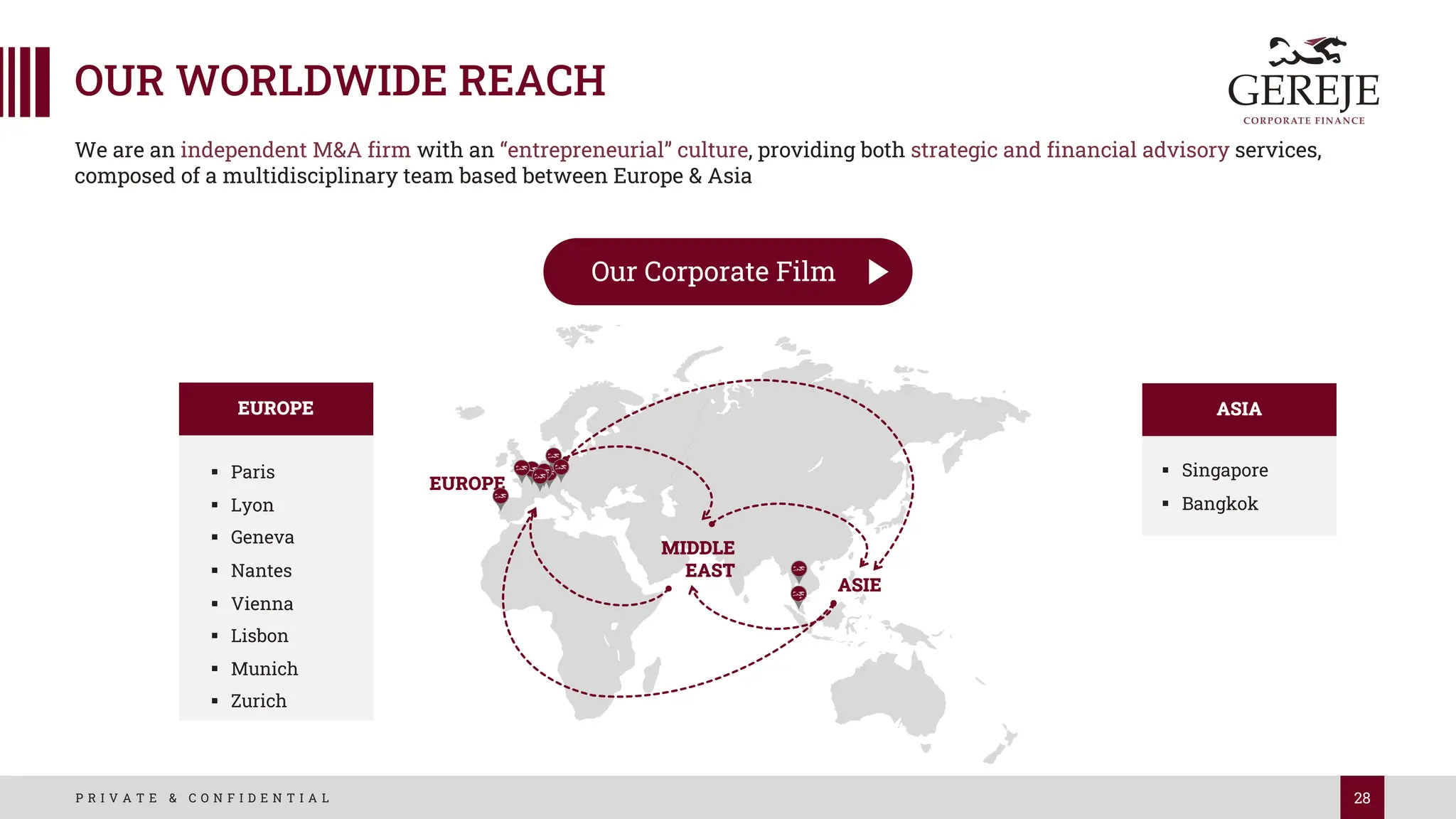 28
P R I V A T E & C O N F I D E N T I A L
OUR WORLDWIDE REACH
We are an independent M&A firm with an “entrepreneurial” culture, providing both strategic and financial advisory services,
composed of a multidisciplinary team based between Europe & Asia
Our Corporate Film
EUROPE
§ Paris
§ Lyon
§ Geneva
§ Nantes
§ Vienna
§ Lisbon
§ Munich
§ Zurich
ASIA
§ Singapore
§ Bangkok
EUROPE
MIDDLE
EAST
ASIE
 
