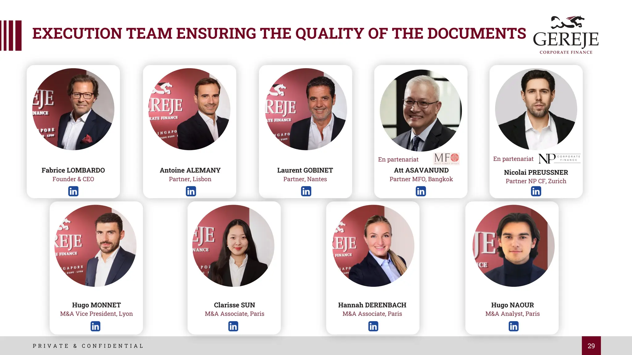 29
P R I V A T E & C O N F I D E N T I A L
EXECUTION TEAM ENSURING THE QUALITY OF THE DOCUMENTS
Hugo MONNET
M&A Vice President, Lyon
Fabrice LOMBARDO
Founder & CEO
Antoine ALEMANY
Partner, Lisbon
Laurent GOBINET
Partner, Nantes
Clarisse SUN
M&A Associate, Paris
Hugo NAOUR
M&A Analyst, Paris
Hannah DERENBACH
M&A Associate, Paris
Att ASAVANUND
Partner MFO, Bangkok
Nicolai PREUSSNER
Partner NP CF, Zurich
En partenariat En partenariat
 