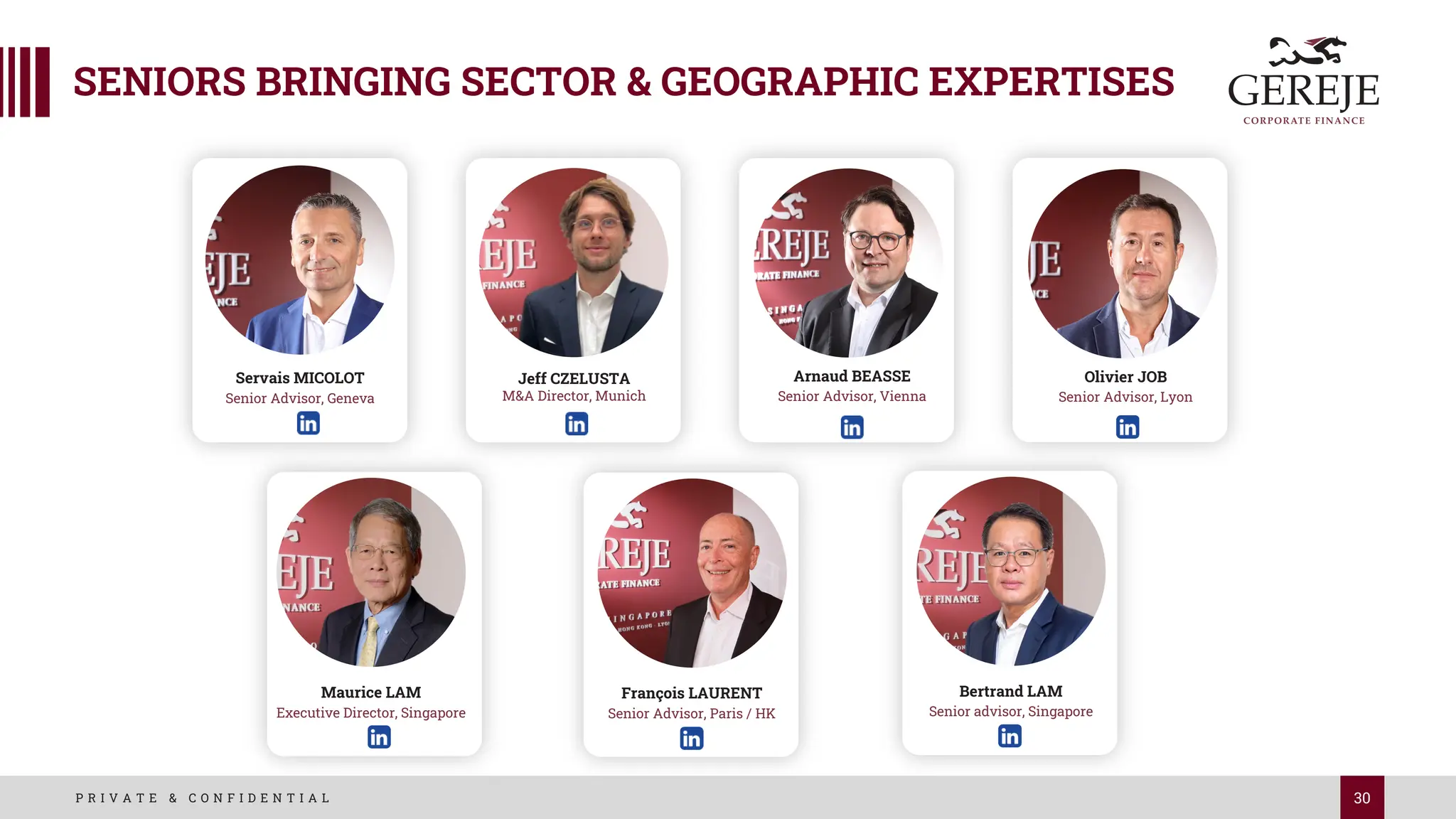 30
P R I V A T E & C O N F I D E N T I A L
Bertrand LAM
Senior advisor, Singapore
Servais MICOLOT
Senior Advisor, Geneva
François LAURENT
Senior Advisor, Paris / HK
Arnaud BEASSE
Senior Advisor, Vienna
Maurice LAM
Executive Director, Singapore
Jeff CZELUSTA
M&A Director, Munich
Olivier JOB
Senior Advisor, Lyon
SENIORS BRINGING SECTOR & GEOGRAPHIC EXPERTISES
 