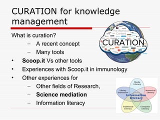 CURATION for knowledge
management
What is curation?
– A recent concept
– Many tools
• Scoop.it Vs other tools
• Experiences with Scoop.it in immunology
• Other experiences for
– Other fields of Research,
– Science mediation
– Information literacy
 