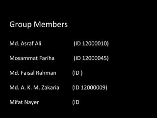 Group Members
Md. Asraf Ali (ID 12000010)
Mosammat Fariha (ID 12000045)
Md. Faisal Rahman (ID )
Md. A. K. M. Zakaria (ID 12000009)
Mifat Nayer (ID