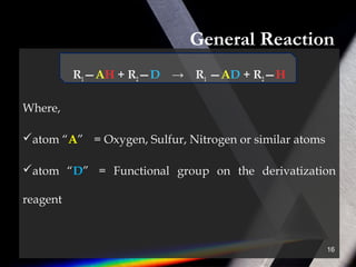 General Reaction
R1—AH + R2—D → R1 —AD + R2—H
Where,
atom “A” = Oxygen, Sulfur, Nitrogen or similar atoms
atom “D” = Functional group on the derivatization
reagent
16
 