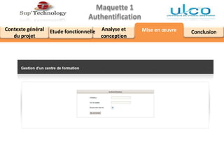 Maquette 1
Authentification
Analyse et
conception
Contexte général
du projet
Mise en œuvre ConclusionEtude fonctionnelle
 