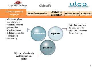 Analyse et
Conception
Etude fonctionnelle
Objectifs
Conclusion
Contexte générale
du projet
7
Mise en œuvre
Sécurité
Traçabilité
Faire les tableaux
de bord pour le
suivi des (sessions,
formation…)
Mettre en place
une plaforme
standard pour la
gestion des
relations entre
différentes unités
( formation,
session…)
Gérer et sécuriser le
système par des
profils
Optimisation
 