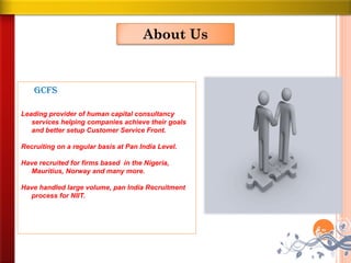 About Us



    GCFS

Leading provider of human capital consultancy
   services helping companies achieve their goals
   and better setup Customer Service Front.

Recruiting on a regular basis at Pan India Level.

Have recruited for firms based in the Nigeria,
  Mauritius, Norway and many more.

Have handled large volume, pan India Recruitment
  process for NIIT.
 