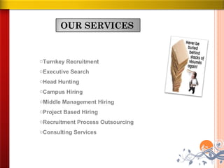 OUR SERVICES

 
oTurnkey Recruitment
oExecutive Search
oHead Hunting
oCampus Hiring
oMiddle Management Hiring
oProject Based Hiring     
oRecruitment Process Outsourcing
oConsulting Services
 