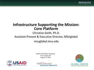 Infrastructure Supporting the Mission:
Core Platform
Christine Geith, Ph.D.
Assistant Provost & Executive Director, MSUglobal
Global Food System Symposia
East Lansing, MI
August 23, 2013
msuglobal.msu.edu
 