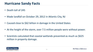 12
Hurricane Sandy Facts
• Death toll of 245
• Made landfall on October 29, 2012 in Atlantic City, NJ
• Caused close to $62 billion in damage in the United States
• At the height of the storm, over 7.5 million people were without power.
• Scientists calculated that coastal wetlands prevented as much as $625
million in property damage.
 