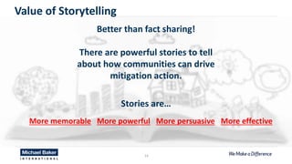 14
Value of Storytelling
Better than fact sharing!
There are powerful stories to tell
about how communities can drive
mitigation action.
Stories are…
More memorable More powerful More persuasive More effective
 