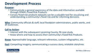 30
Development Process
Purpose:
• Communicate a general awareness of the data and information available
through FEMA’s Flood Risk Products
• Convey flood risk products datasets can be a valuable tool for visualizing and
understanding a community’s flood risk and for informing decisions
Who: Community officials & staff, local floodplain administrators, public works, and
all audiences.
Call to Action:
• Interact with the subsequent Lycoming County, PA case study.
• Know where and how to access their community’s Flood Risk Products.
Know: Approachable language, relevant references, custom infographics, etc.
Feel: Compelling imagery, communicating a success story, relatable storylines
 