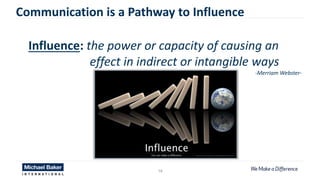 58
Communication is a Pathway to Influence
Influence: the power or capacity of causing an
effect in indirect or intangible ways
-Merriam Webster-
https://azmenatwork.wordpress.com/2012/02/07/person-of-influence/
 