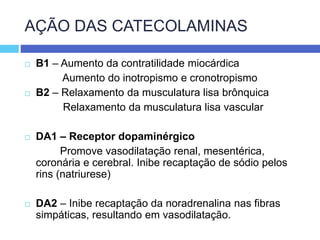 AÇÃO DAS CATECOLAMINAS
 B1 – Aumento da contratilidade miocárdica
Aumento do inotropismo e cronotropismo
 B2 – Relaxamento da musculatura lisa brônquica
Relaxamento da musculatura lisa vascular
 DA1 – Receptor dopaminérgico
Promove vasodilatação renal, mesentérica,
coronária e cerebral. Inibe recaptação de sódio pelos
rins (natriurese)
 DA2 – Inibe recaptação da noradrenalina nas fibras
simpáticas, resultando em vasodilatação.
 