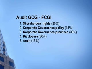 Audit GCG - FCGI
 1. Shareholders rights (20%)
 2. Corporate Governance policy (15%)
 3. Corporate Governance practices (30%)
 4. Disclosure (20%)
 5. Audit (15%)
 
