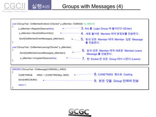 DWORD CGroupTest ::OnMessage(CGMSG& p_rMSG)
{
Send(rMSG.Buffer);
return 1;
};
DWORD CGroupTest ::OnMessage(CGMSG& p_rMSG)
{
Send(rMSG.Buffer);
return 1;
};
CGCIICho sanghyun’s Game Classes II
실행처리 Groups with Messages (4)
void CGroupTest ::OnMemberEndered (CSocket* p_pMember, CGMSG& /*p_rMSG*/)
{
}
void CGroupTest ::OnMemberLeaving(CSocket* p_pMember)
{
}
void CGroupTest ::OnMemberEndered (CSocket* p_pMember, CGMSG& /*p_rMSG*/)
{
}
void CGroupTest ::OnMemberLeaving(CSocket* p_pMember)
{
}
p_pMember->UnrgisterObserver(this);
3. this 를 Login Group 에 들어간다 !(Enter)
7. 현 Socket 은 모든 Group 에서 나온다 (Leave).
8. CGNETMSG 형으로 Casting
p_pMember->RegisterObserver(this);
9. 받은 것을 Group 전체에 전송
CGNETMSG& rMSG = (CGNETMSG&)p_rMSG;
Send(GetMemberEnterMeesage(p_pMember));
p_pMember->Send(GetRoomInfo());
Send(GetMemberLeaveMeesage(p_pMember));
4. 새로 들어온 Member 에게 방정보를 전송한다 .
5. 방의 모든 Member 에게 Member 입장 Message
를 전송한다 .
6. 방의 모든 Member 에게 새로운 Member Leave
Message 를 전송한다 .
 