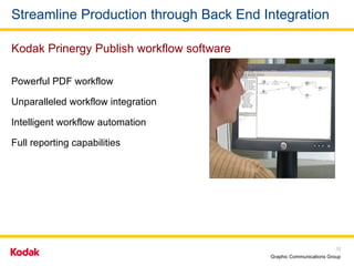 Streamline Production through Back End Integration Powerful PDF workflow  Unparalleled workflow integration Intelligent workflow automation Full reporting capabilities Kodak Prinergy Publish workflow software 