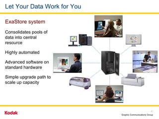 Let Your Data Work for You  Consolidates pools of data into central resource Highly automated Advanced software on standard hardware Simple upgrade path to scale up capacity ExaStore system 