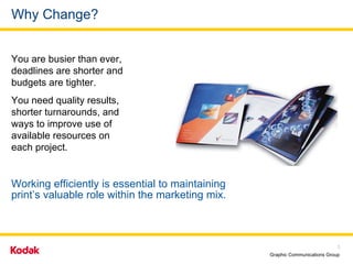 Why Change? You are busier than ever, deadlines are shorter and budgets are tighter. You need quality results, shorter turnarounds, and ways to improve use of available resources on  each project.  Working efficiently is essential to maintaining  print’s valuable role within the marketing mix. 
