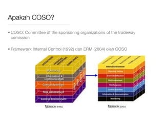 Apakah COSO?

• COSO: Committee of the sponsoring organizations of the tradeway
  comission

• Framework Internal Control (1992) dan ERM (2004) oleh COSO
 