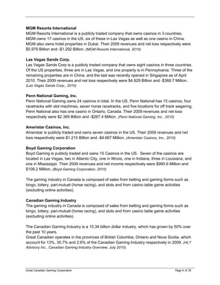 MGM Resorts International
MGM Resorts International is a publicly traded company that owns casinos in 3 countries.
MGM owns 17 casinos in the US, six of these in Las Vegas as well as one casino in China.
MGM also owns hotel properties in Dubai. Their 2009 revenues and net loss respectively were
$5.979 Billion and -$1.292 Billion. (MGM Resorts International, 2010)

Las Vegas Sands Corp.
Las Vegas Sands Corp is a publicly traded company that owns eight casinos in three countries.
Of the US properties, three are in Las Vegas, and one property is in Pennsylvania. Three of the
remaining properties are in China, and the last was recently opened in Singapore as of April
2010. Their 2009 revenues and net loss respectively were $4.929 Billion and -$368.7 Million.
(Las Vegas Sands Corp., 2010)

Penn National Gaming, Inc.
Penn National Gaming owns 24 casinos in total. In the US, Penn National has 15 casinos, four
racetracks with slot machines, seven horse racetracks, and five locations for off track wagering.
Penn National also has one casino in Ontario, Canada. Their 2009 revenues and net loss
respectively were $2.369 Billion and -$267.4 Million. (Penn National Gaming, Inc., 2010)

Ameristar Casinos, Inc.
Ameristar is publicly traded and owns seven casinos in the US. Their 2009 revenues and net
loss respectively were $1.215 Billion and -$4.667 Million. (Ameristar Casinos, Inc., 2010)

Boyd Gaming Corporation
Boyd Gaming is publicly traded and owns 15 Casinos in the US. Seven of the casinos are
located in Las Vegas, two in Atlantic City, one in Illinois, one in Indiana, three in Louisiana, and
one in Mississippi. Their 2009 revenues and net income respectively were $990.6 Million and
$108.2 Million. (Boyd Gaming Corporation, 2010)

The gaming industry in Canada is composed of sales from betting and gaming forms such as
bingo, lottery, pari-mutuel (horse racing), and slots and from casino table game activities
(excluding online activities).

Canadian Gaming Industry
The gaming industry in Canada is composed of sales from betting and gaming forms such as
bingo, lottery, pari-mutuel (horse racing), and slots and from casino table game activities
(excluding online activities).

The Canadian Gaming Industry is a 15.34 billion dollar industry, which has grown by 50% over
the past 10 years.
Great Canadian operates in the provinces of British Columbia, Ontario and Nova Scotia, which
account for 13%, 35.7% and 2.6% of the Canadian Gaming Industry respectively in 2009. (HLT
Advisory Inc., Canadian Gaming Industry Overview, July 2010).




Great Canadian Gaming Corporation                                                         Page 6 of 35
 