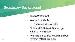 Regulatory Background
▰ Clean Water Act
▰ Water Quality Act
▰ Included stormwater
▰ National Pollutant Discharge
Elimination System
▰ Municipal separate storm sewer
system (MS4) permits28
 