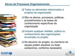 Ativos de Processos Organizacionais
 Todos os elementos relacionados a
projetos da organização
 São os planos, processos, políticas,
procedimentos e as bases de
conhecimento específicas da
organização
 Incluem qualquer artefato, prática ou
conhecimento das organizações
envolvidas no projeto
 No decorrer do projeto, os membros da
equipe podem atualizar ou fazer
acréscimos, conforme necessário
 