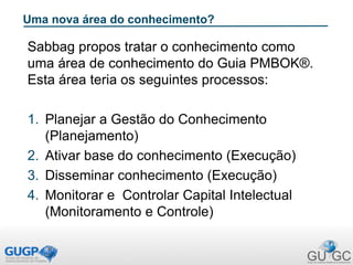Uma nova área do conhecimento?
Sabbag propos tratar o conhecimento como
uma área de conhecimento do Guia PMBOK®.
Esta área teria os seguintes processos:
1. Planejar a Gestão do Conhecimento
(Planejamento)
2. Ativar base do conhecimento (Execução)
3. Disseminar conhecimento (Execução)
4. Monitorar e Controlar Capital Intelectual
(Monitoramento e Controle)
 