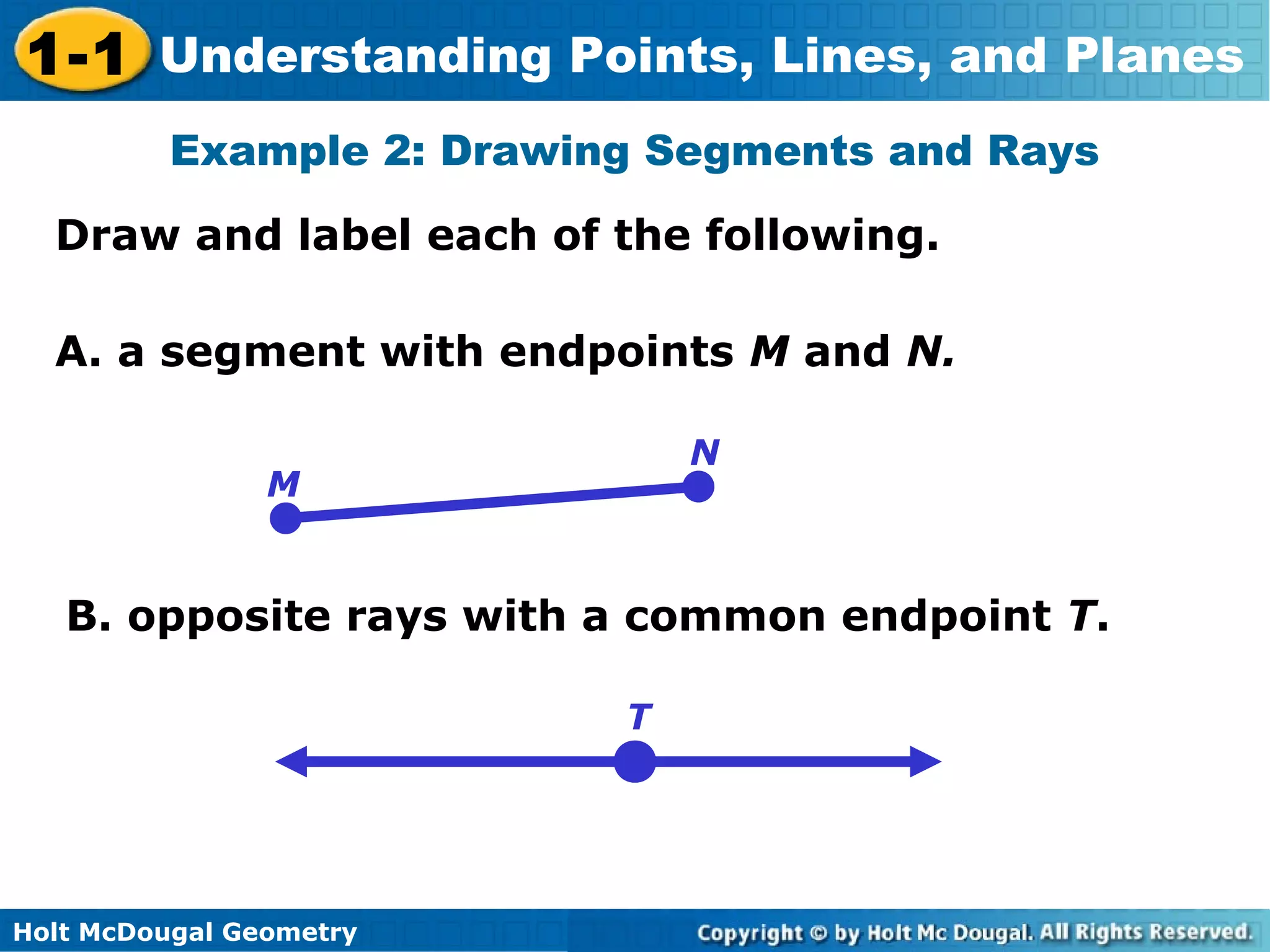 1-1 Understanding Points, Lines, and Planes
Example 2: Drawing Segments and Rays
Draw and label each of the following.
A. a segment with endpoints M and N.
N

M

B. opposite rays with a common endpoint T.
T

Holt McDougal Geometry

 